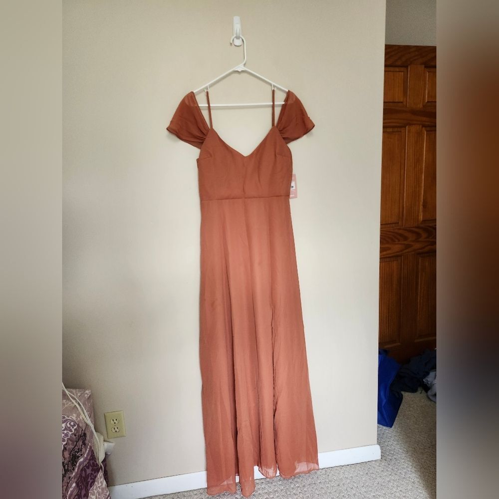 NWT Birdy Grey Dress Devin Convertible Slit Chiffon Terracotta w Pockets Large